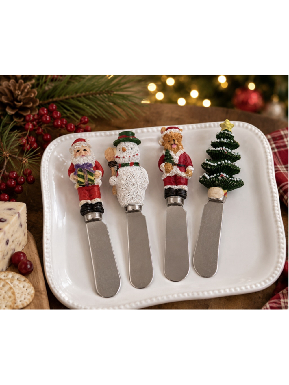 Vintage Christmas Cheese Spreader Set of 4 Santa Snowman Bear Tree Resin Handles